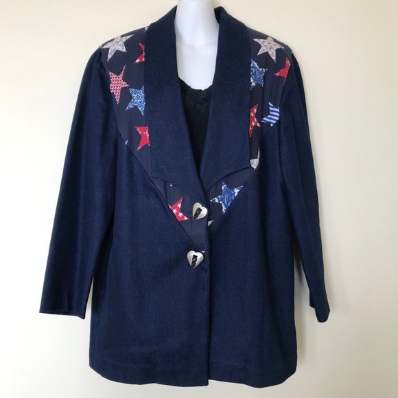 Americana Western Blazer Jacket Denim & Star Print with Concho Snaps Home Made - Picture 1 of 7